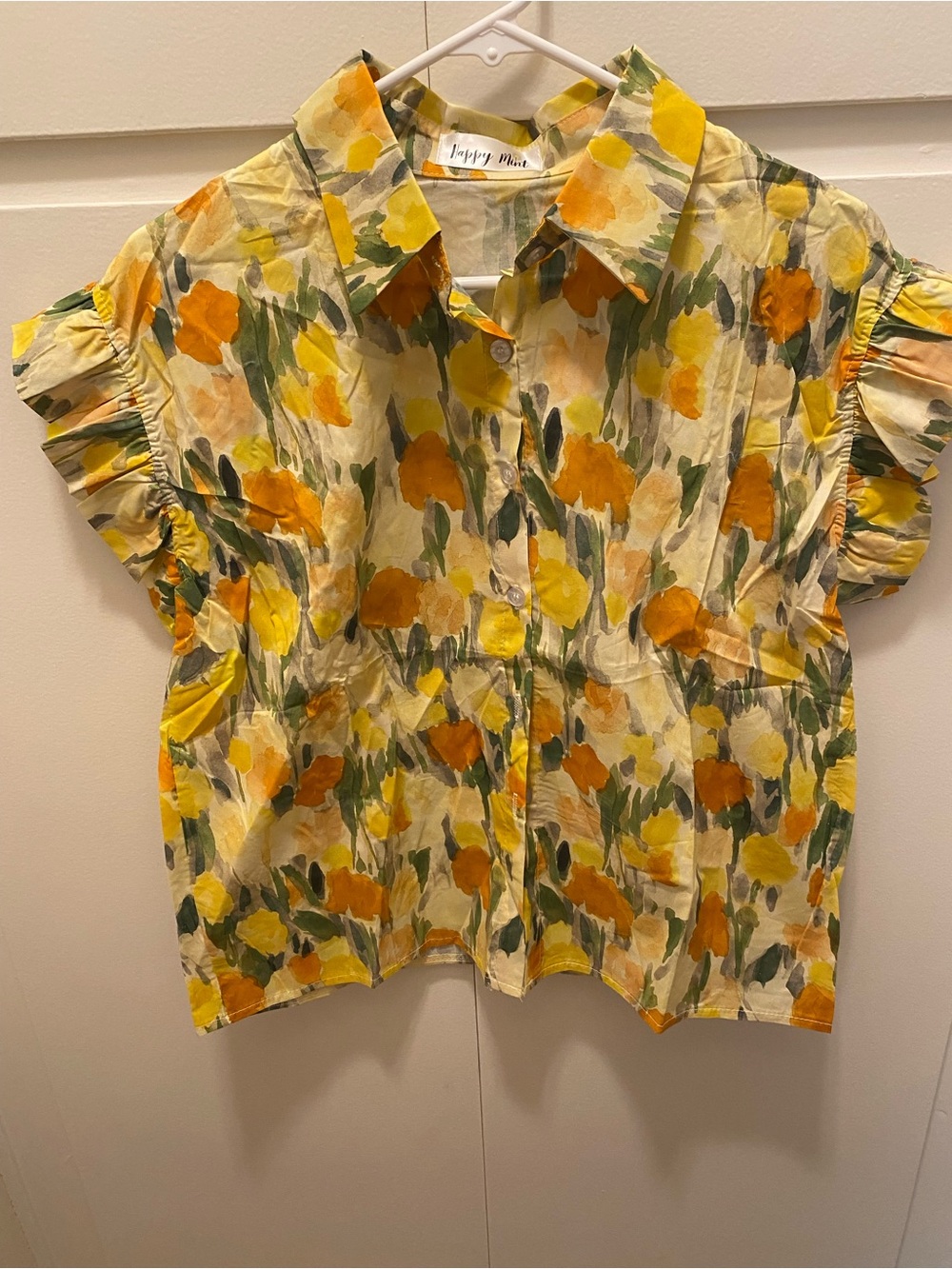 Yellow Floral Button-Down Ruffle Sleeve Shirt